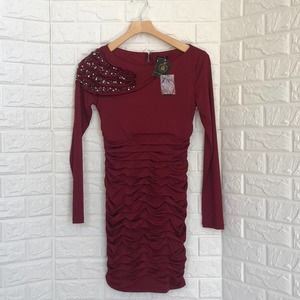Vegas Royalty Women's Burgundy Ruched Beaded Shoulder Long Sleeve Dress